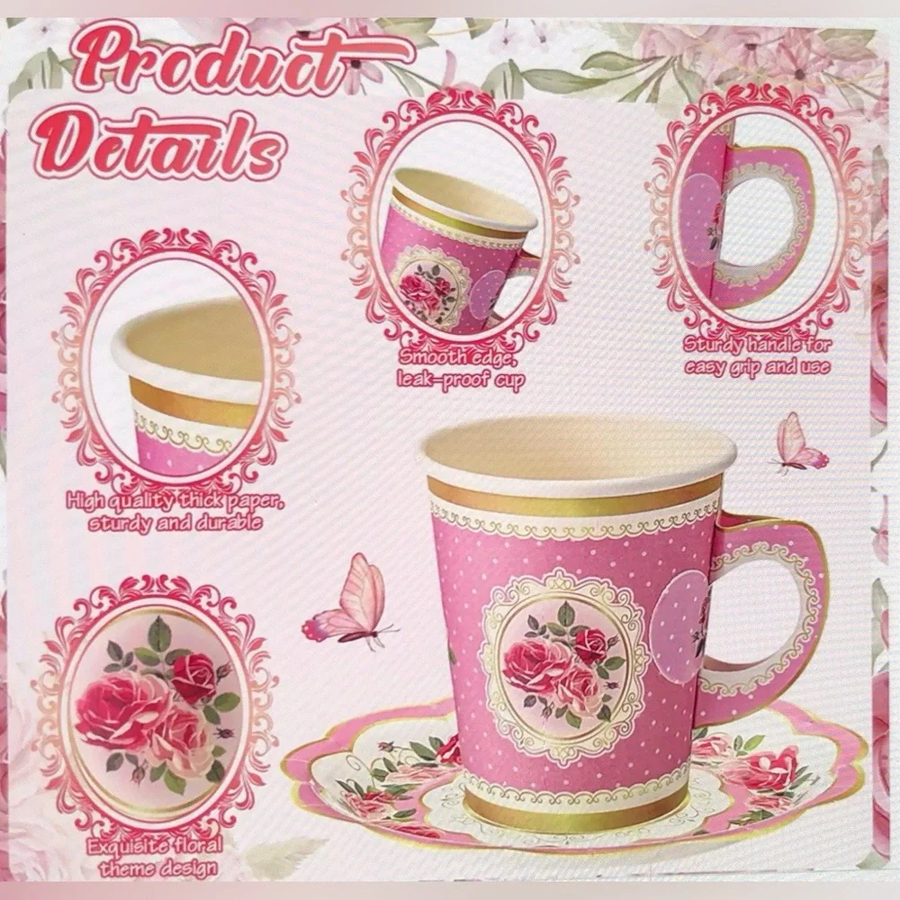 Elegant 60 PCS Pink Floral Party paper Plates and cups with handle.